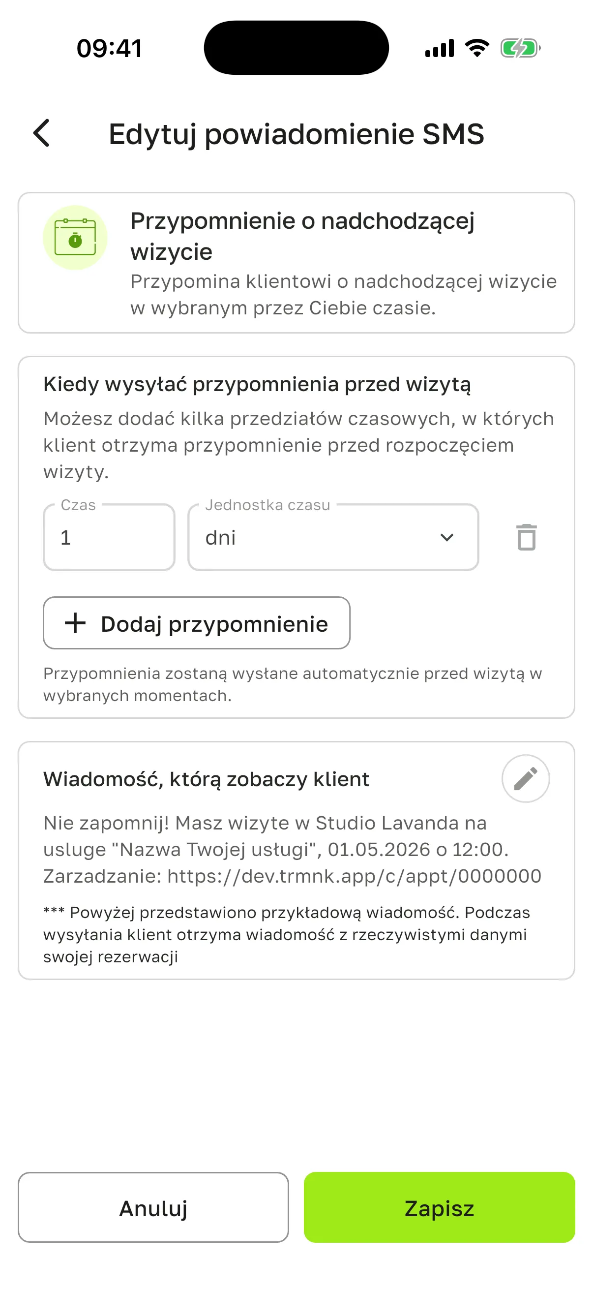„Edytuj powiadomienie SMS” dla „Przypomnienie o nadchodzącej wizycie”: pole „Czas” 1 i „Jednostka czasu” „dni”, przycisk „Dodaj przypomnienie”, blok „Wiadomość, którą zobaczy klient” z ołówkiem i przykładowym tekstem, przyciski „Anuluj” i „Zapisz”