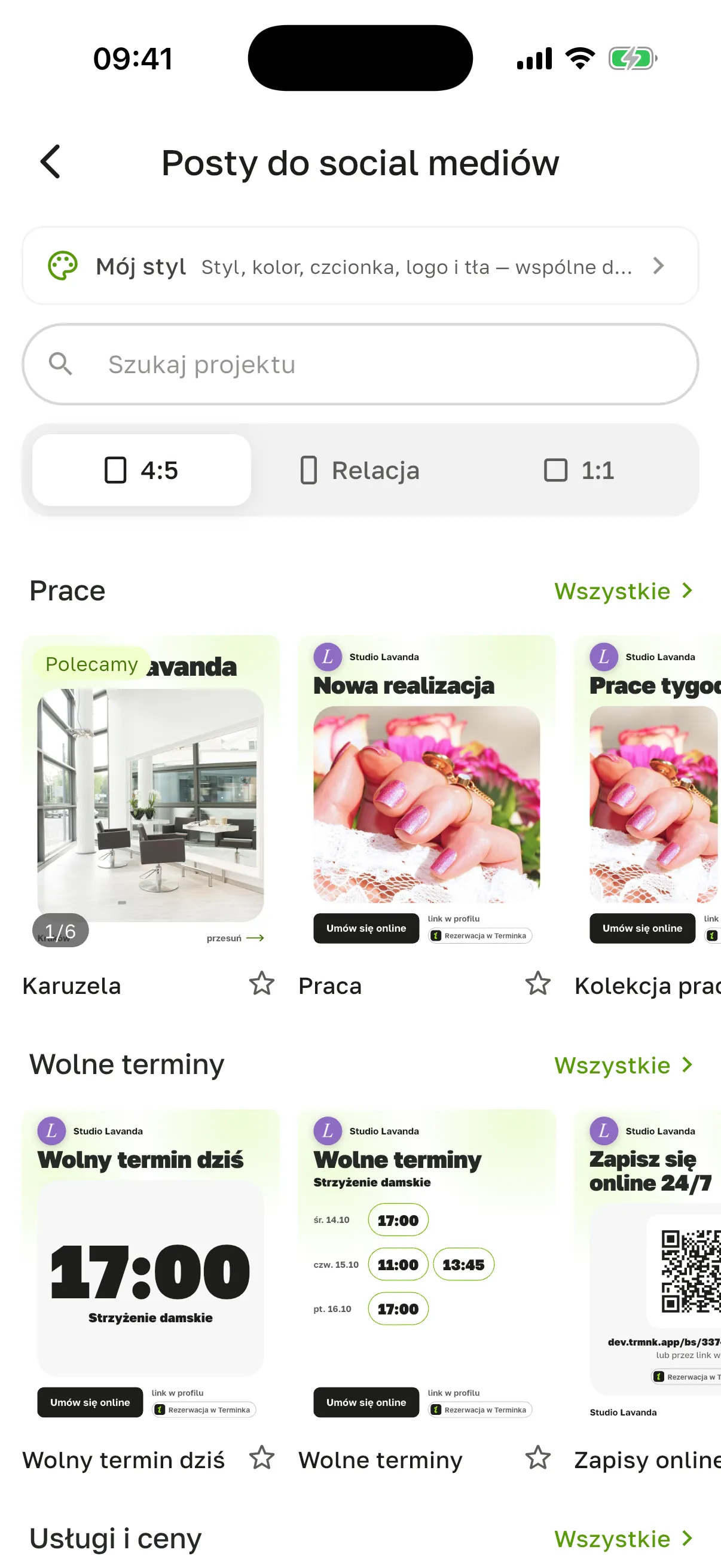 Ekran „Posty do social mediów”: „Mój styl”, „Szukaj projektu”, formaty „4”, „Relacja”, „1”, w sekcji „Prace” projekty „Karuzela” z oznaczeniem „Polecamy”, „Praca”, „Kolekcja prac” ze zdjęciami salonu i manicure, niżej „Wolne terminy”: „Wolny termin dziś” (17, „Strzyżenie damskie”), „Wolne terminy” (śr. 14.10, czw. 15.10, pt. 16.10) i „Zapisy online” z kodem QR