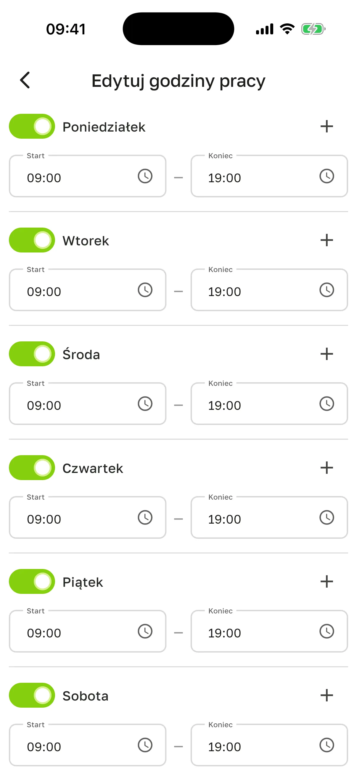 Ekran „Edytuj godziny pracy”: przełączniki dni od poniedziałku do soboty, przy każdym dniu „Start” 09 i „Koniec” 19, po prawej „+” na kolejny przedział
