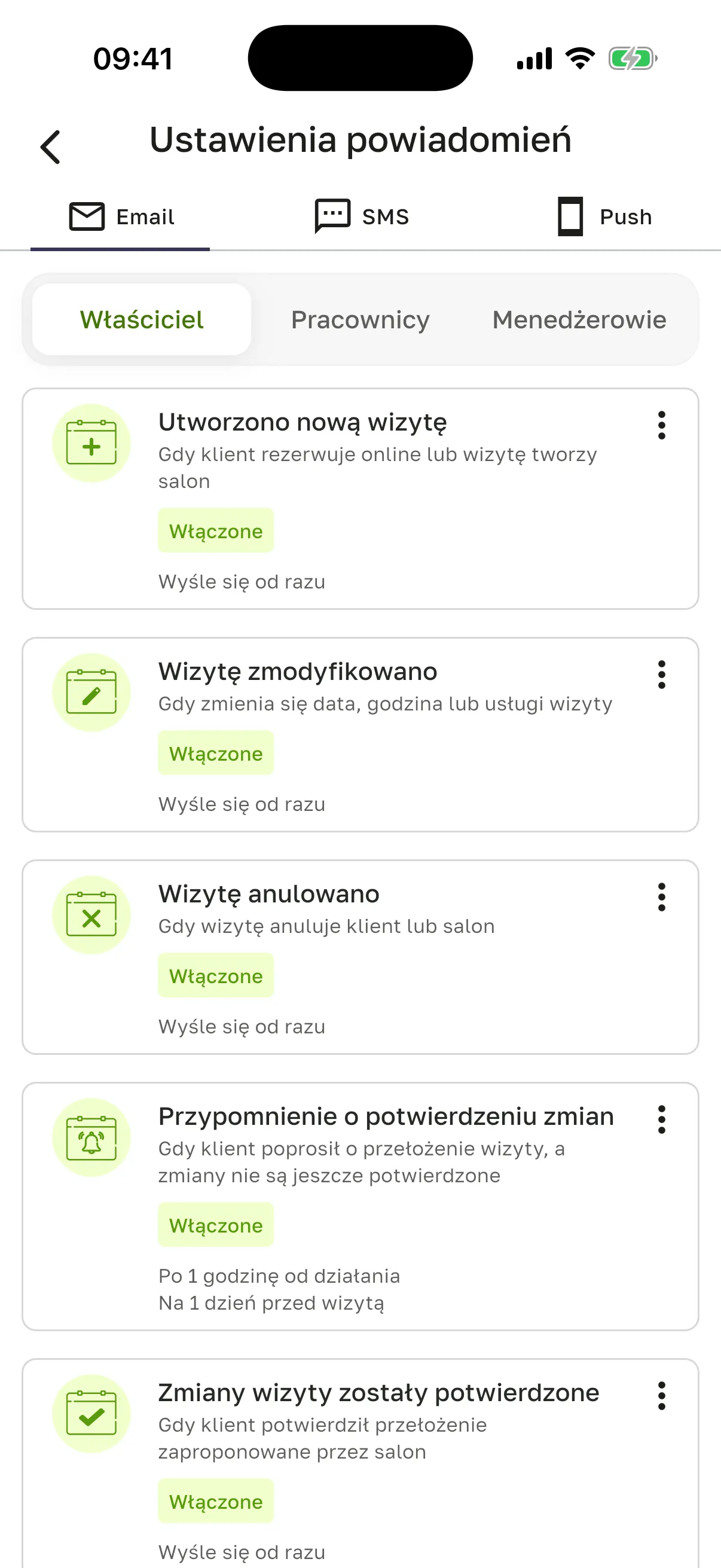 Ekran „Ustawienia powiadomień” dla zespołu: zakładki „Email”, „SMS”, „Push”, adresaci „Właściciel”, „Pracownicy”, „Menedżerowie” i karty „Utworzono nową wizytę”, „Wizytę zmodyfikowano”, „Wizytę anulowano”, „Przypomnienie o potwierdzeniu zmian”, „Zmiany wizyty zostały potwierdzone”