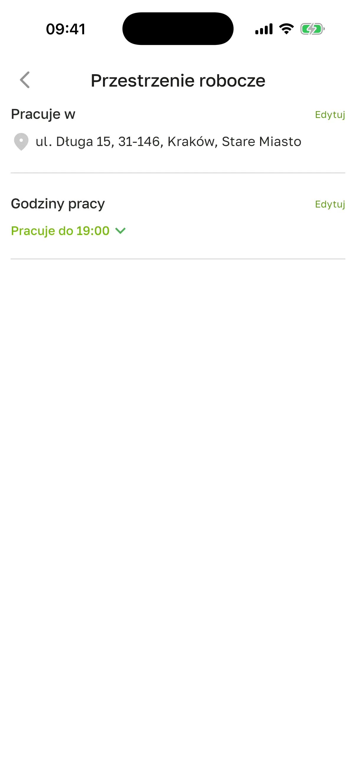 Ekran „Przestrzenie robocze”: lokalizacja w „Pracuje w” i „Godziny pracy” z przyciskami „Edytuj”