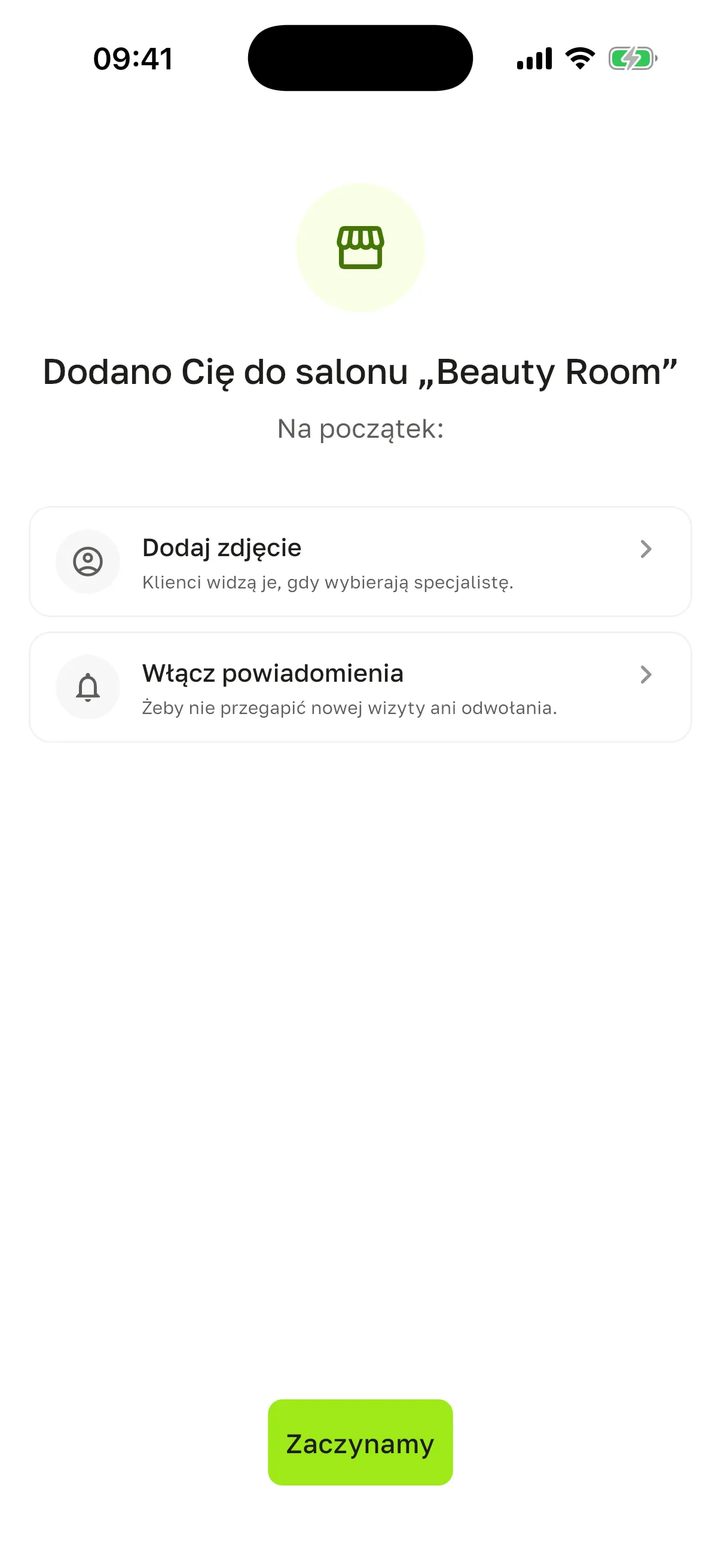 Ekran „Dodano Cię do salonu „Beauty Room”” u pracownicy: „Na początek:”, kroki „Dodaj zdjęcie” i „Włącz powiadomienia”, przycisk „Zaczynamy”