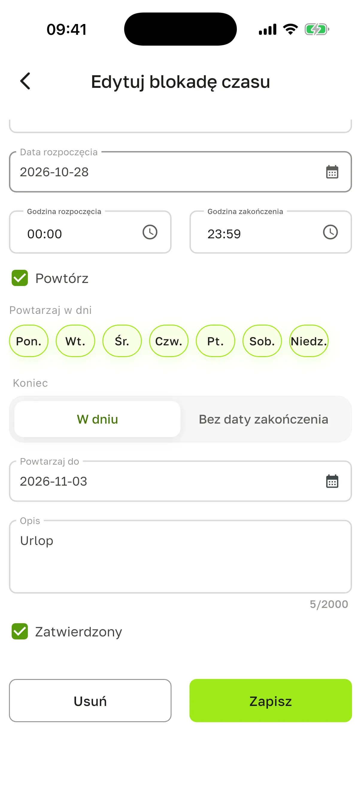 „Edytuj blokadę czasu” dla urlopu od 2026-10-28 do 2026-11-03: 00–23, „Powtórz” na wszystkie dni, „W dniu”, „Powtarzaj do” 2026-11-03, opis „Urlop”, zaznaczone „Zatwierdzony”, przyciski „Usuń” i „Zapisz”