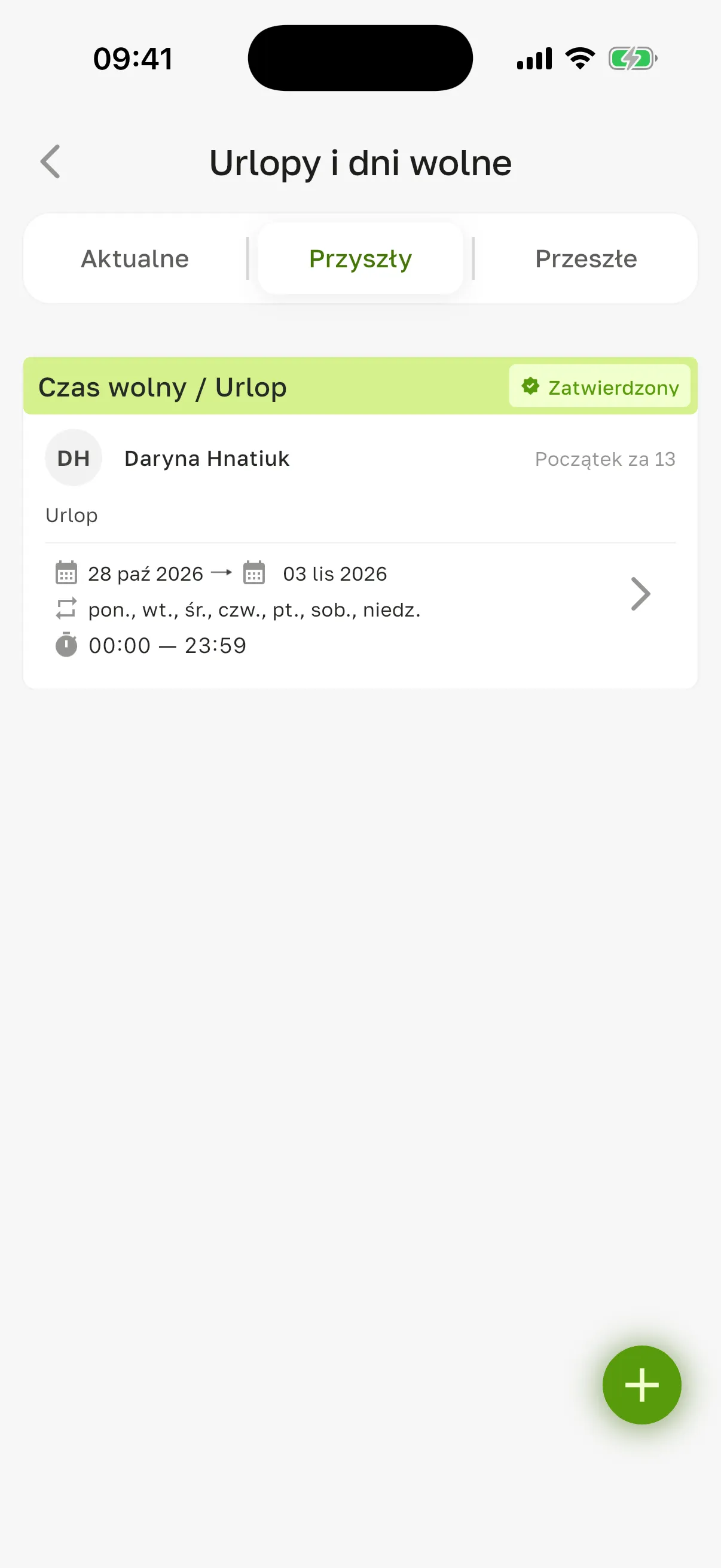 Ekran „Urlopy i dni wolne”, zakładka „Przyszły”: „Czas wolny / Urlop” Daryny Hnatiuk ze statusem „Zatwierdzony” – od 28 paź 2026 do 03 lis 2026, wszystkie dni tygodnia, 00–23