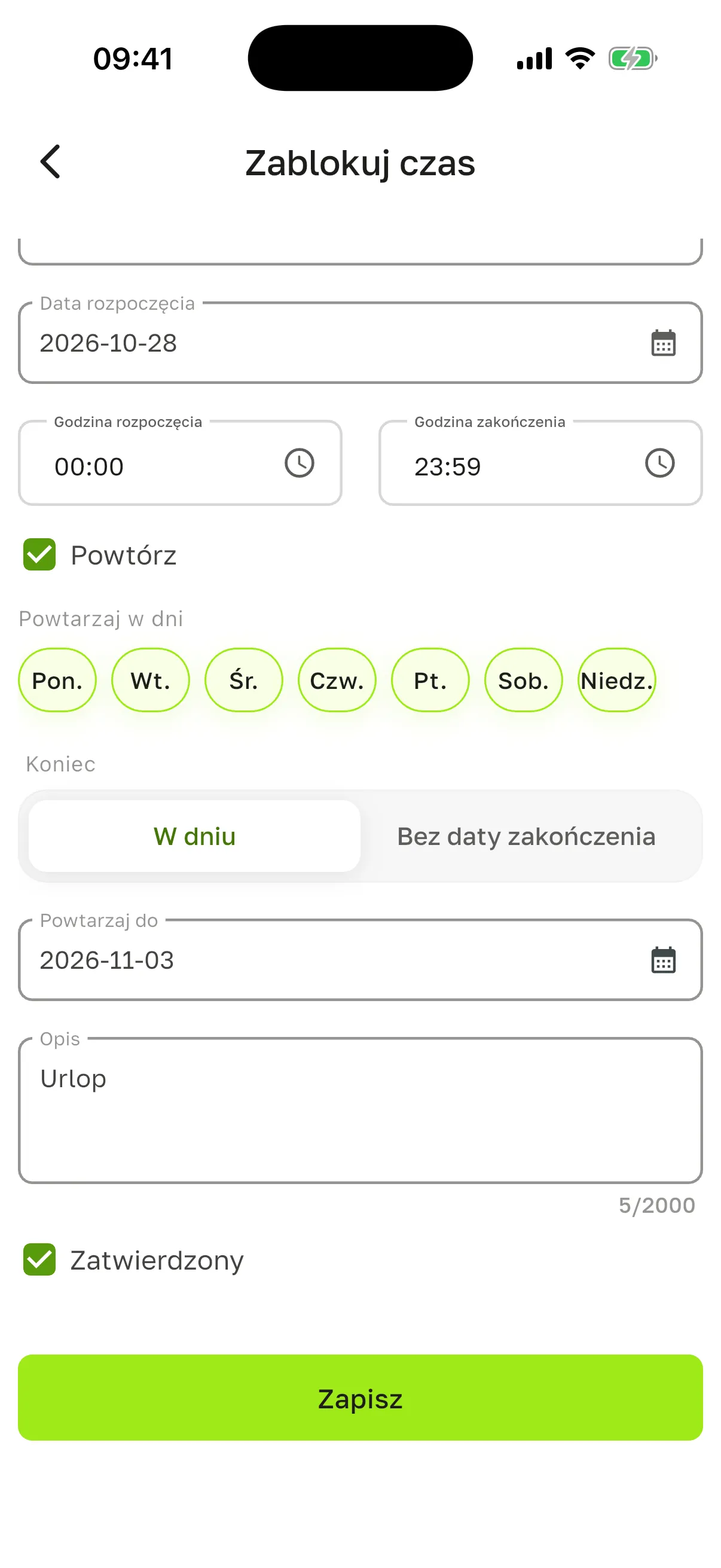 „Zablokuj czas” dla urlopu na tydzień: „Data rozpoczęcia” 2026-10-28, od 00 do 23, „Powtórz” na wszystkie dni tygodnia, „Koniec” – „W dniu”, „Powtarzaj do” 2026-11-03, opis „Urlop”, zaznaczone „Zatwierdzony” i przycisk „Zapisz”