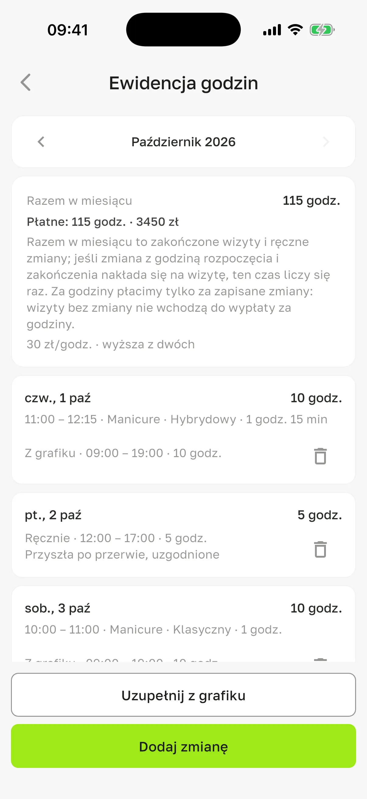 Ekran „Ewidencja godzin” za październik 2026: „Razem w miesiącu” 115 godz., „Płatne: 115 godz. · 3450 zł”, dni z wizytami i zmianami „Z grafiku” oraz „Ręcznie”, przyciski „Uzupełnij z grafiku” i „Dodaj zmianę”