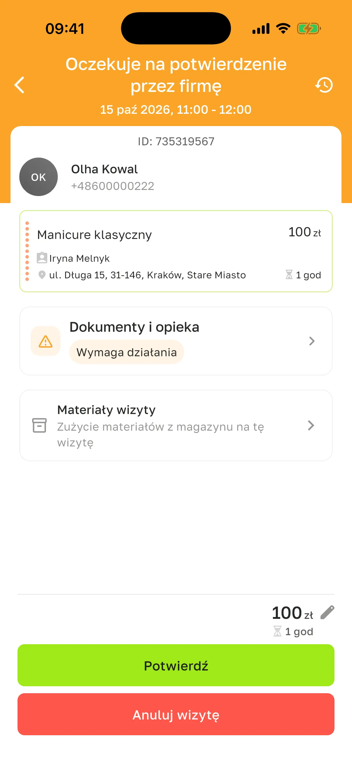 Karta zapisu online Olhy Kowal na 15 paź 2026, 11 - 12:00: status „Oczekuje na potwierdzenie przez firmę”, „Manicure klasyczny” 100 zł, 1 god, Iryna Melnyk, bloki „Dokumenty i opieka” („Wymaga działania”) i „Materiały wizyty”, przyciski „Potwierdź” i „Anuluj wizytę”