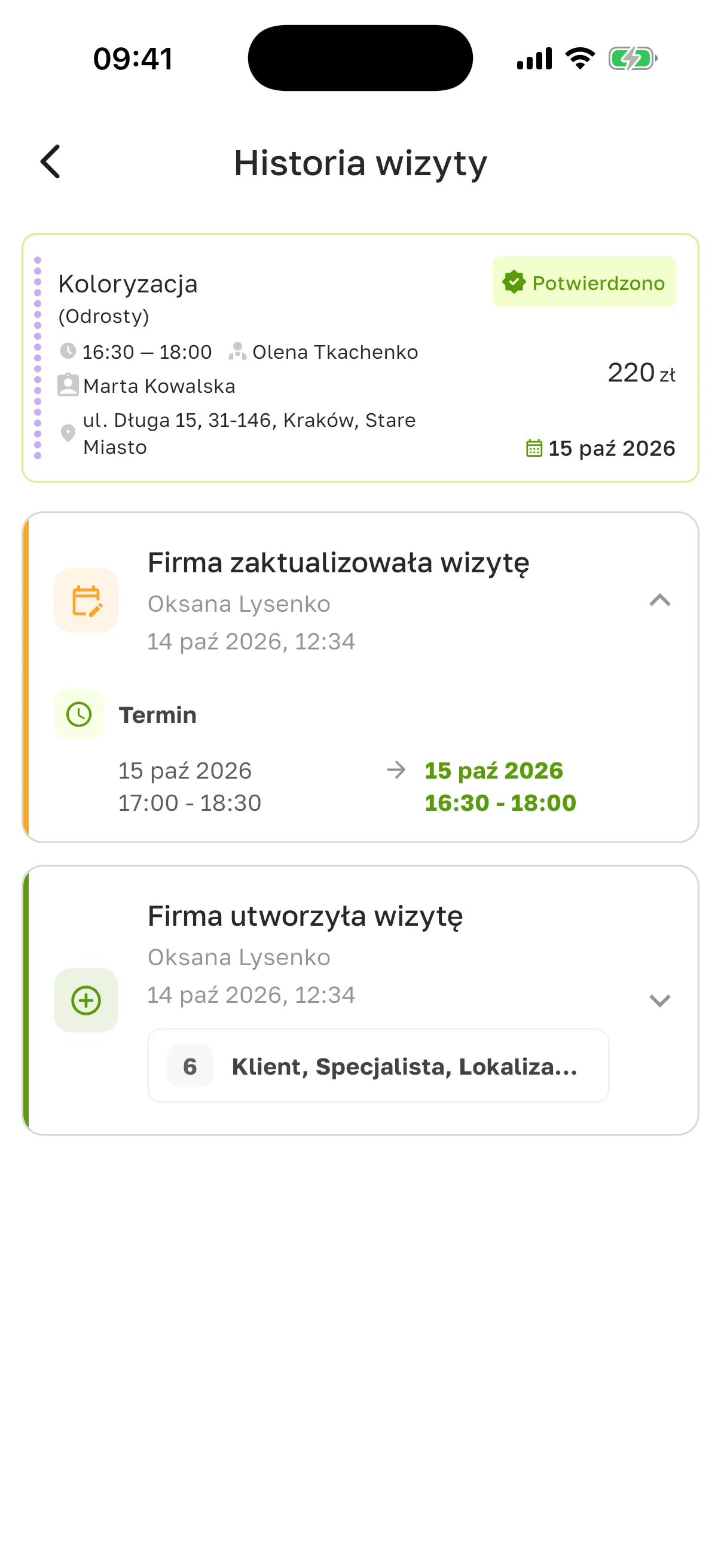 Ekran „Historia wizyty”: karta wizyty „Koloryzacja”, rozwinięte zdarzenie „Firma zaktualizowała wizytę” z wierszem „Termin” (17 - 18 → 16 - 18) i zwinięte „Firma utworzyła wizytę”