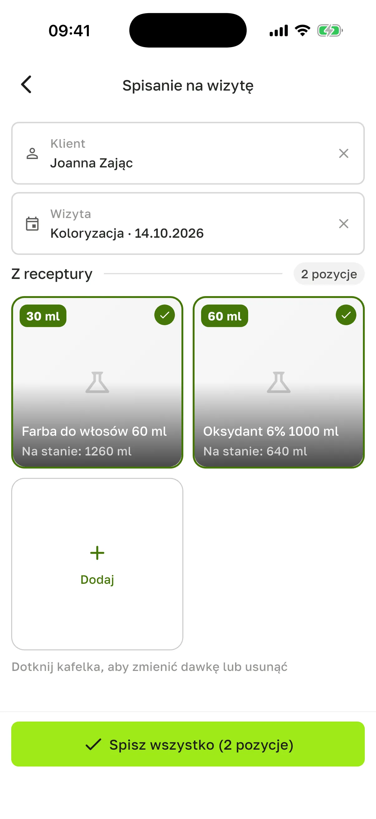 Ekran „Spisanie na wizytę”: klientka Joanna Zając, wizyta „Koloryzacja · 14.10.2026”, sekcja „Z receptury” – „Farba do włosów 60 ml” 30 ml („Na stanie: 1260 ml”) i „Oksydant 6% 1000 ml” 60 ml („Na stanie: 640 ml”), kafelek „Dodaj” i przycisk „Spisz wszystko (2 pozycje)”