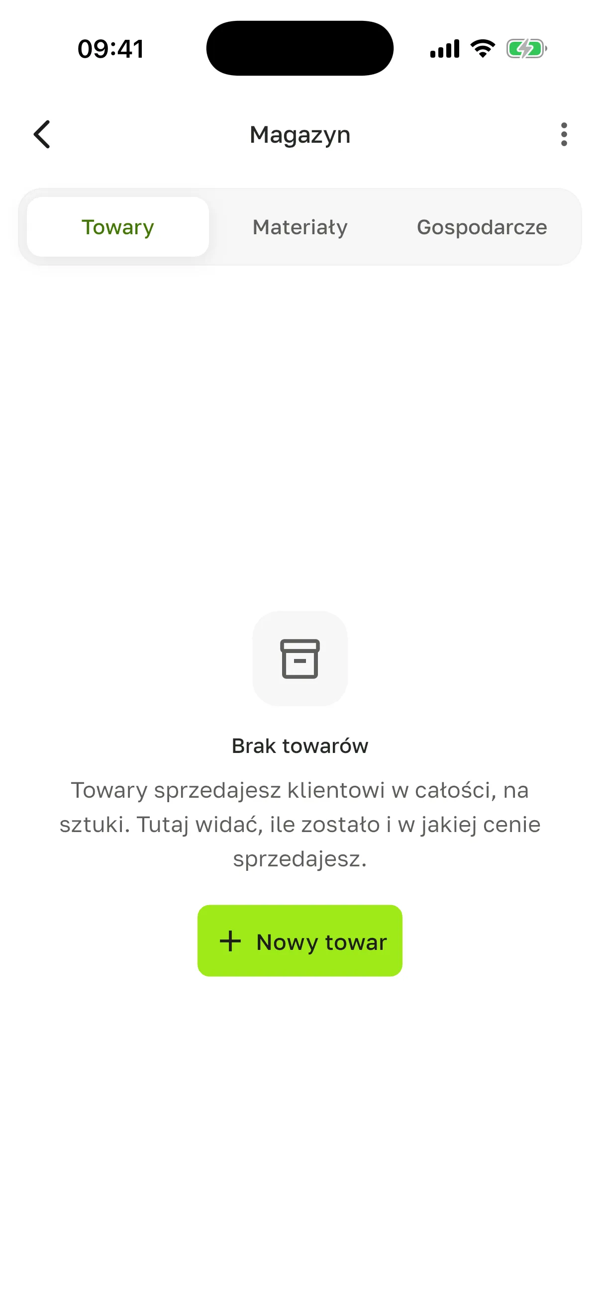 Pusty magazyn, półka „Towary”: „Brak towarów” i zielony przycisk „Nowy towar”