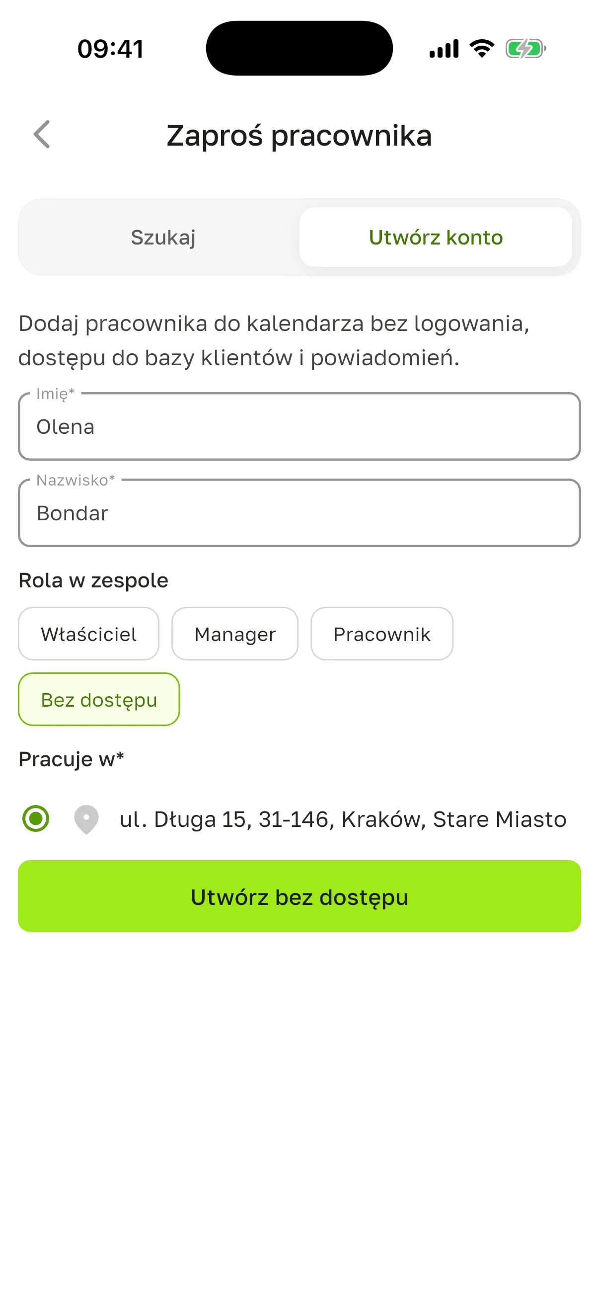 Zakładka „Utwórz konto”: imię Olena, nazwisko Bondar, rola „Bez dostępu”, lokalizacja w „Pracuje w” i aktywny przycisk „Utwórz bez dostępu”