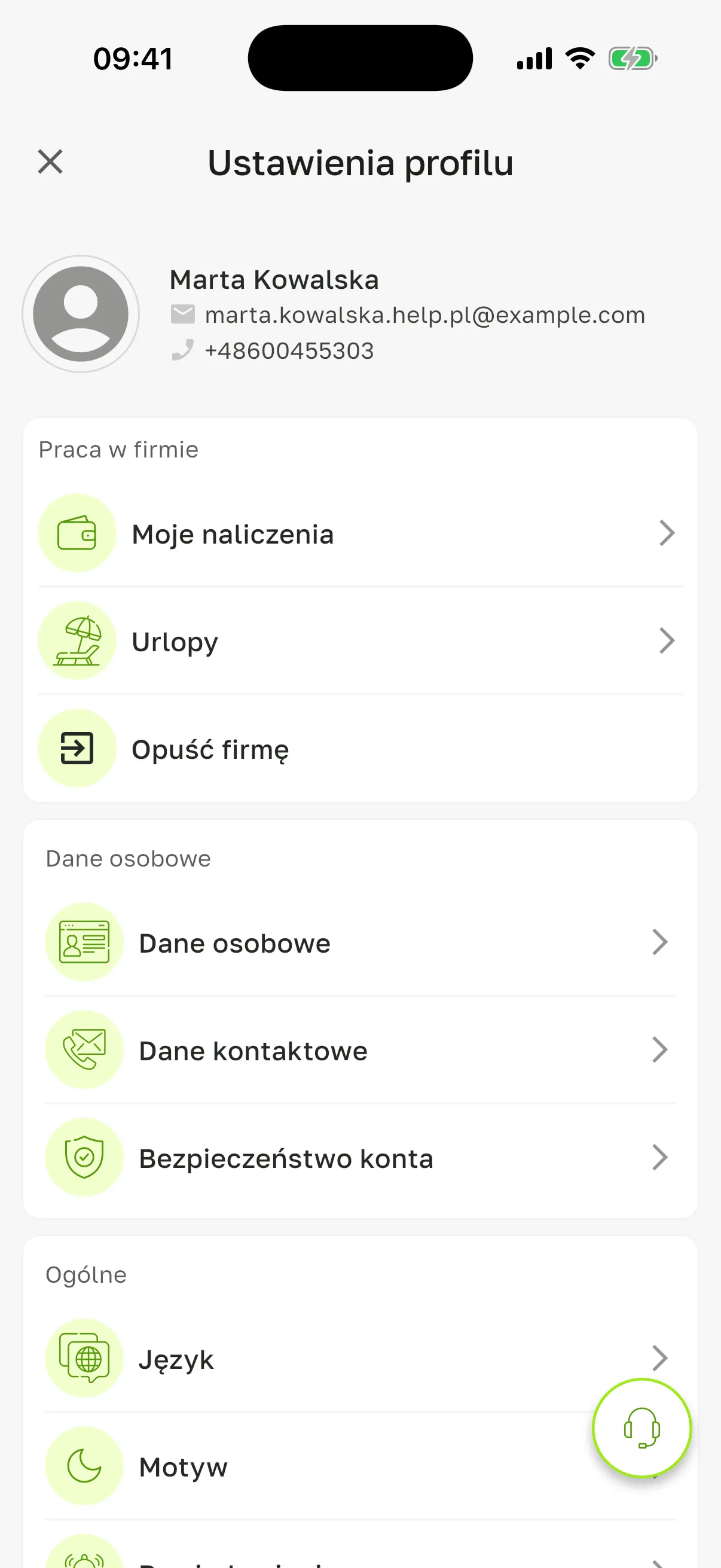 „Ustawienia profilu” pracownika: „Moje naliczenia” jako pierwsza pozycja w bloku „Praca w firmie”